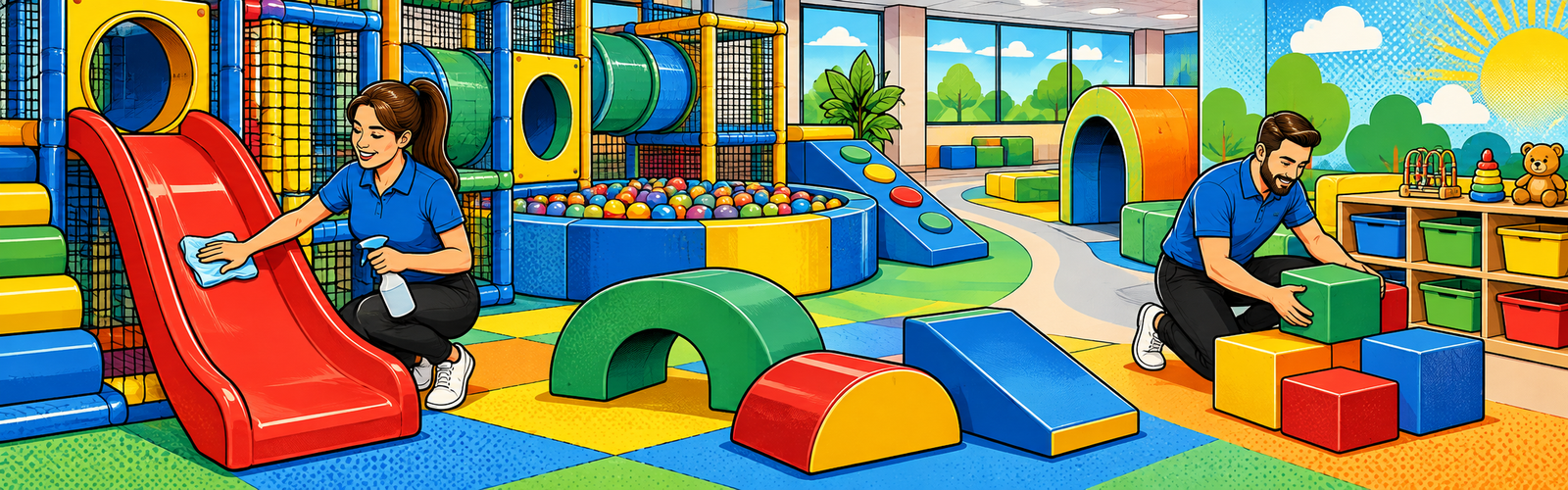 การทำความสะอาดพื้นที่สนามเด็กเล่น Soft Play