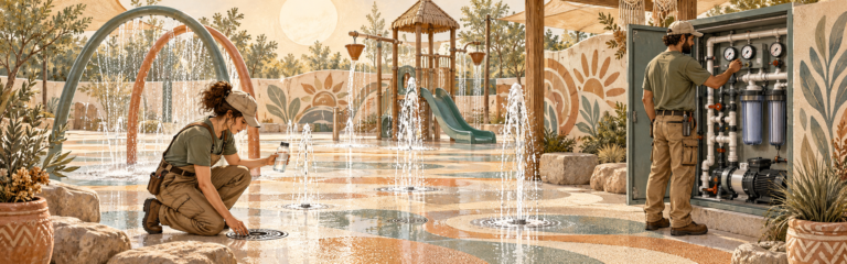 พื้นที่ Splash Pad พร้อมหัวฉีดน้ำและระบบระบายน้ำสำหรับเด็ก