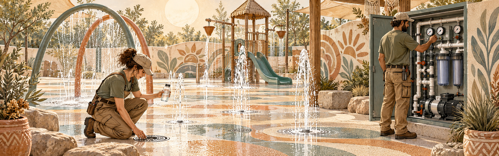 พื้นที่ Splash Pad พร้อมหัวฉีดน้ำและระบบระบายน้ำสำหรับเด็ก