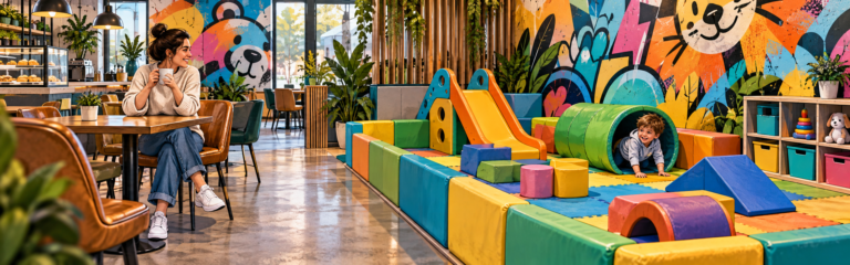 พื้นที่ Soft Play ภายในคาเฟ่หรือพื้นที่เด็กที่จัดทางเข้าและโซนเล่นชัดเจน