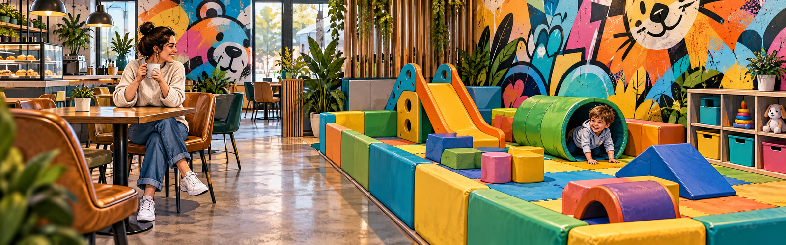 พื้นที่ Soft Play ภายในคาเฟ่หรือพื้นที่เด็กที่จัดทางเข้าและโซนเล่นชัดเจน