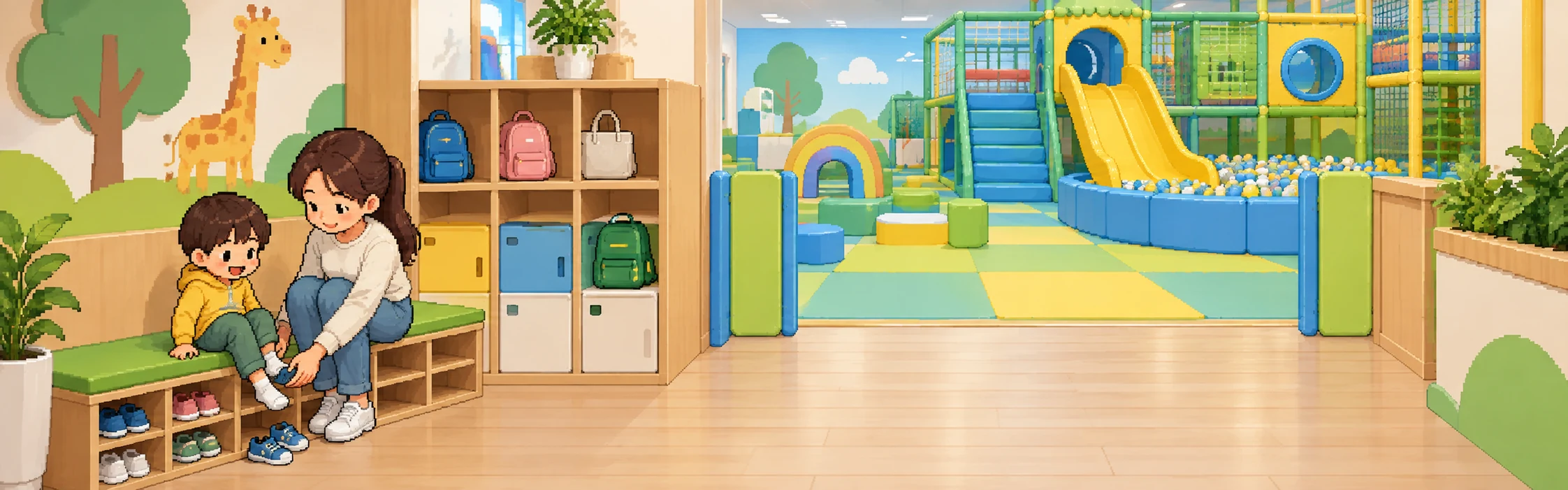 จุดถอดรองเท้าและชั้นเก็บของบริเวณทางเข้าสนามเด็กเล่นในร่ม พร้อมผู้ปกครองช่วยเด็กเปลี่ยนรองเท้า