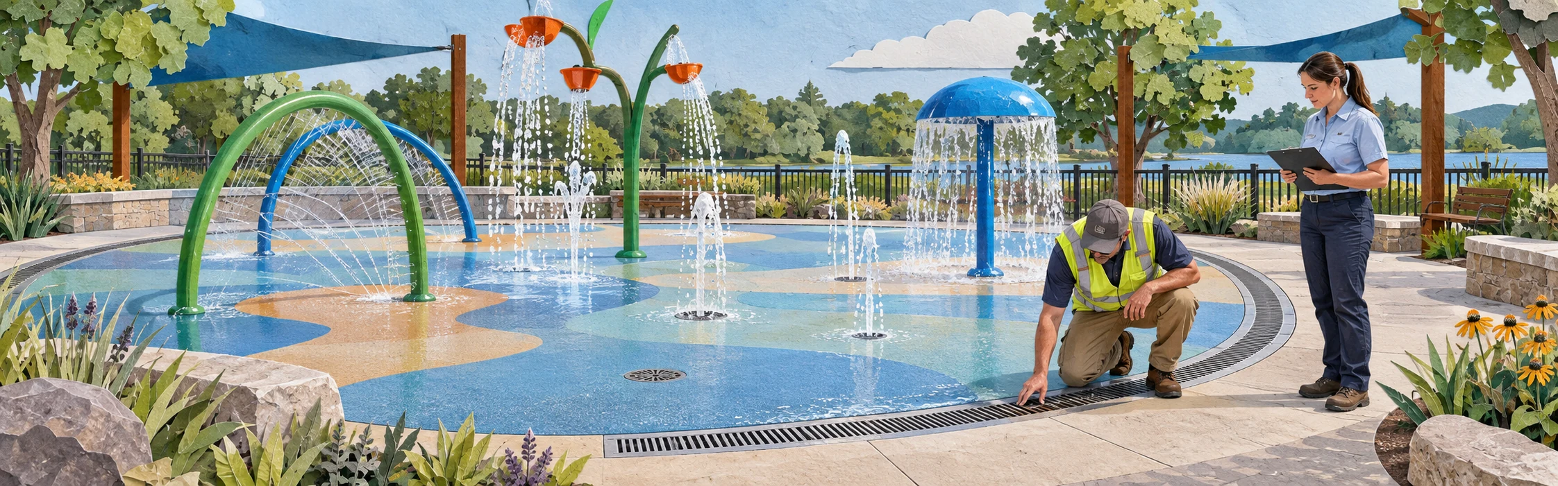 พื้น Splash Pad ที่มีจุดรับน้ำและทางระบายน้ำสำหรับช่วยลดน้ำขังในพื้นที่เล่น